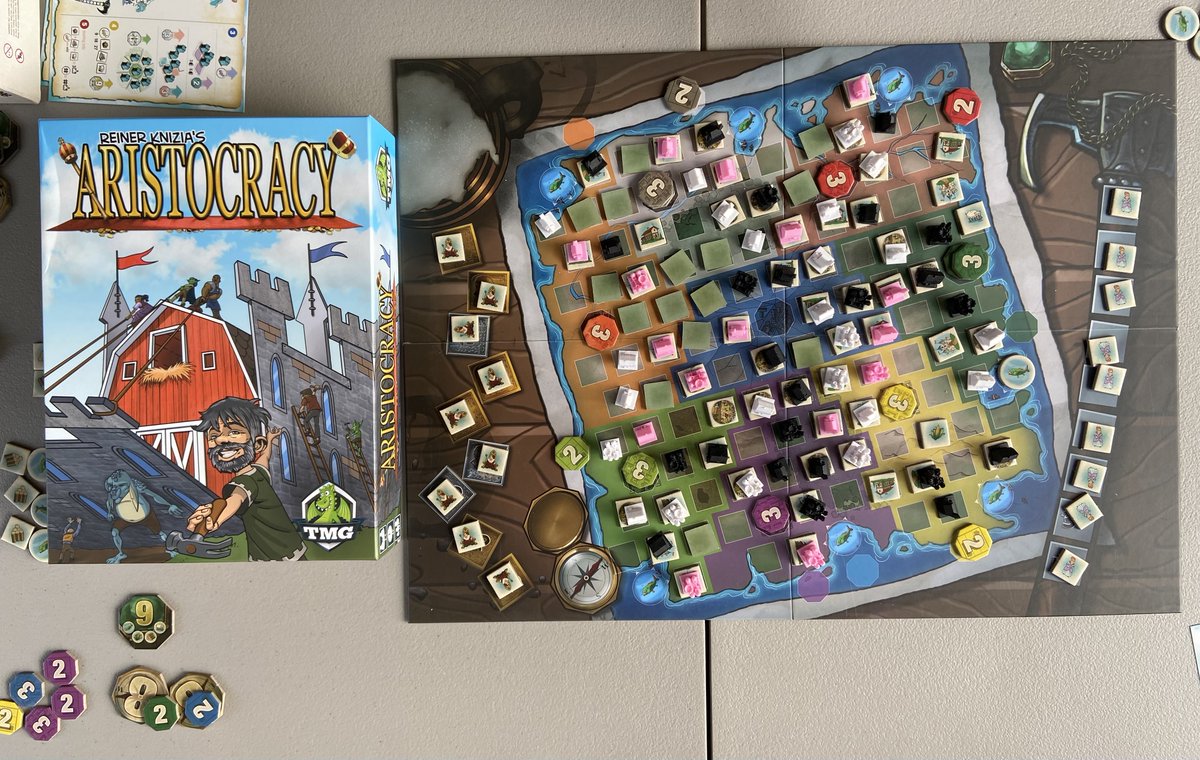 BoardGameGeek (@boardgamegeek) on Twitter photo Aristocracy from <a href="/ReinerKnizia/">Reiner Knizia</a> & <a href="/TastyMinstrel/">TMG (Tasty Minstrel Games)</a>: On a turn, reveal 3 tiles, then choose all tiles of one type. If they’re a resource, collect them; if a landscape, put a house on them; if royalty, occupy empty spaces.
Connect cities & collect sets of goods to score. —WEM Aristocracy from <a href="/ReinerKnizia/">Reiner Knizia</a> & <a href="/TastyMinstrel/">TMG (Tasty Minstrel Games)</a>: On a turn, reveal 3 tiles, then choose all tiles of one type. If they’re a resource, collect them; if a landscape, put a house on them; if royalty, occupy empty spaces.
Connect cities & collect sets of goods to score. —WEM