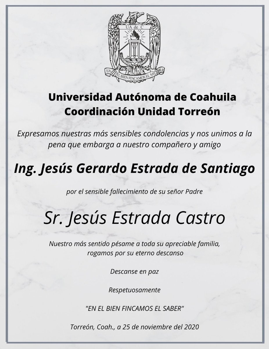 Sandralopch's tweet photo. Mi más sincero pésame al Ing. Jesús Gerardo Estrada de Santiago por el fallecimiento de su señor Padre, el Sr. Jesús Estrada Castro.

Descanse en paz. https://t.co/b93k3JqXvq