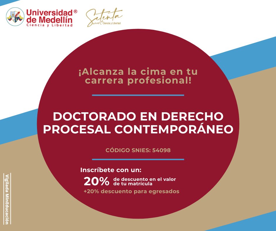 EPROCESAL's tweet photo. Realiza el Doctorado en Derecho Procesal Contemporáneo de la Universidad de Medellín. Más información: https://t.co/thRdYf8LRq
dramirez@udem.edu.co / lbermudez@udem.edu.co
*Aplican términos y condiciones sobre el descuento adicional para egresados https://t.co/tPhNkQesCi