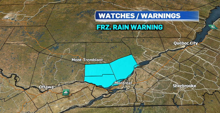 LoriGrahamMTL's tweet photo. After 2 rounds of #snow this week, now the risk of #freezingrain.
#Montreal could see a light coating late tonight/early Thursday morning but areas just north of the island are under #FreezingRainWarning.
@CTVMontreal https://t.co/CpdyK69yPw