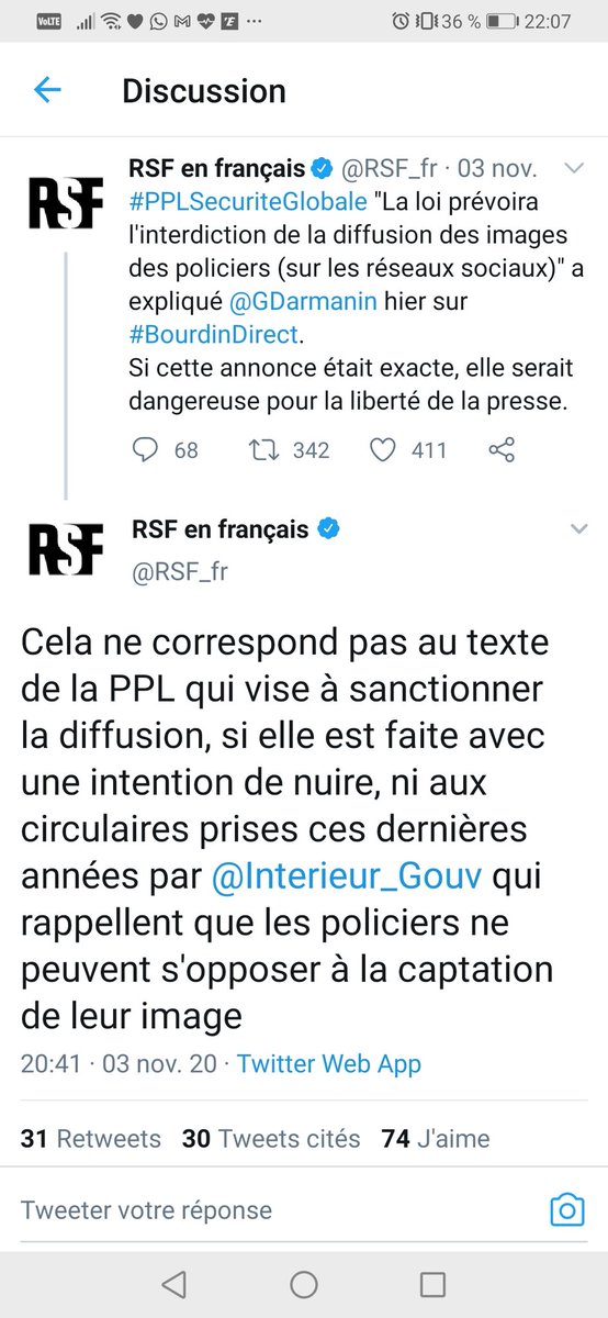 Vous dites aussi dénoncer l'article 24. C'est vrai... Aujourd'hui ! Mais votre première prise de position sur le sujet reprenait exactement l'argumentaire du gouvernement.Mais bon on avait "mal compris" (sic).  https://twitter.com/RSF_fr/status/1331666681350004739?s=19