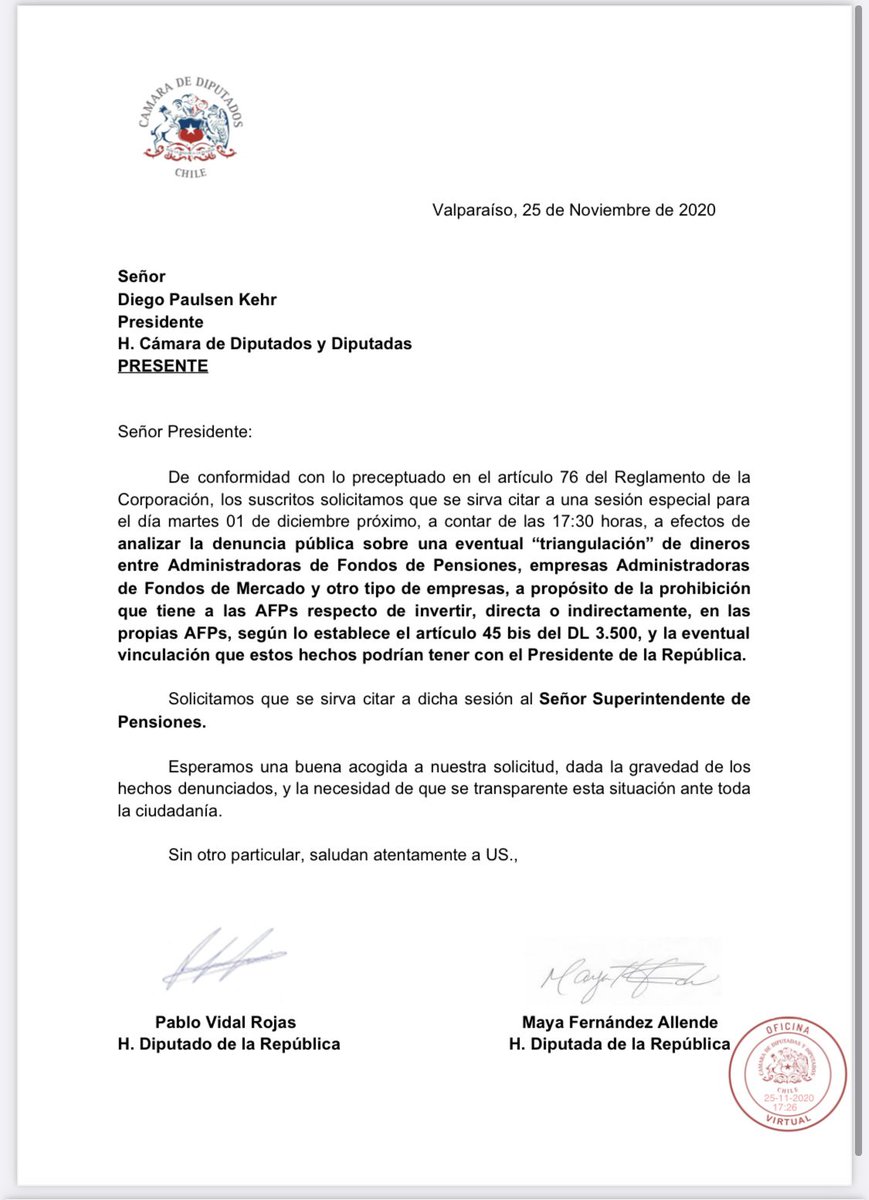 pablovidalrojas's tweet photo. Ya reunimos las firmas necesarias para solicitar la Sesión Especial por #triangulaciondepiñera.
Agradecemos a los 53 parlamentarios que pusieron su firma a disposición y esperamos que el Presidente de la Cámara @diegopaulsen cite la sesión a la brevedad. https://t.co/MQbEFJ2yZX