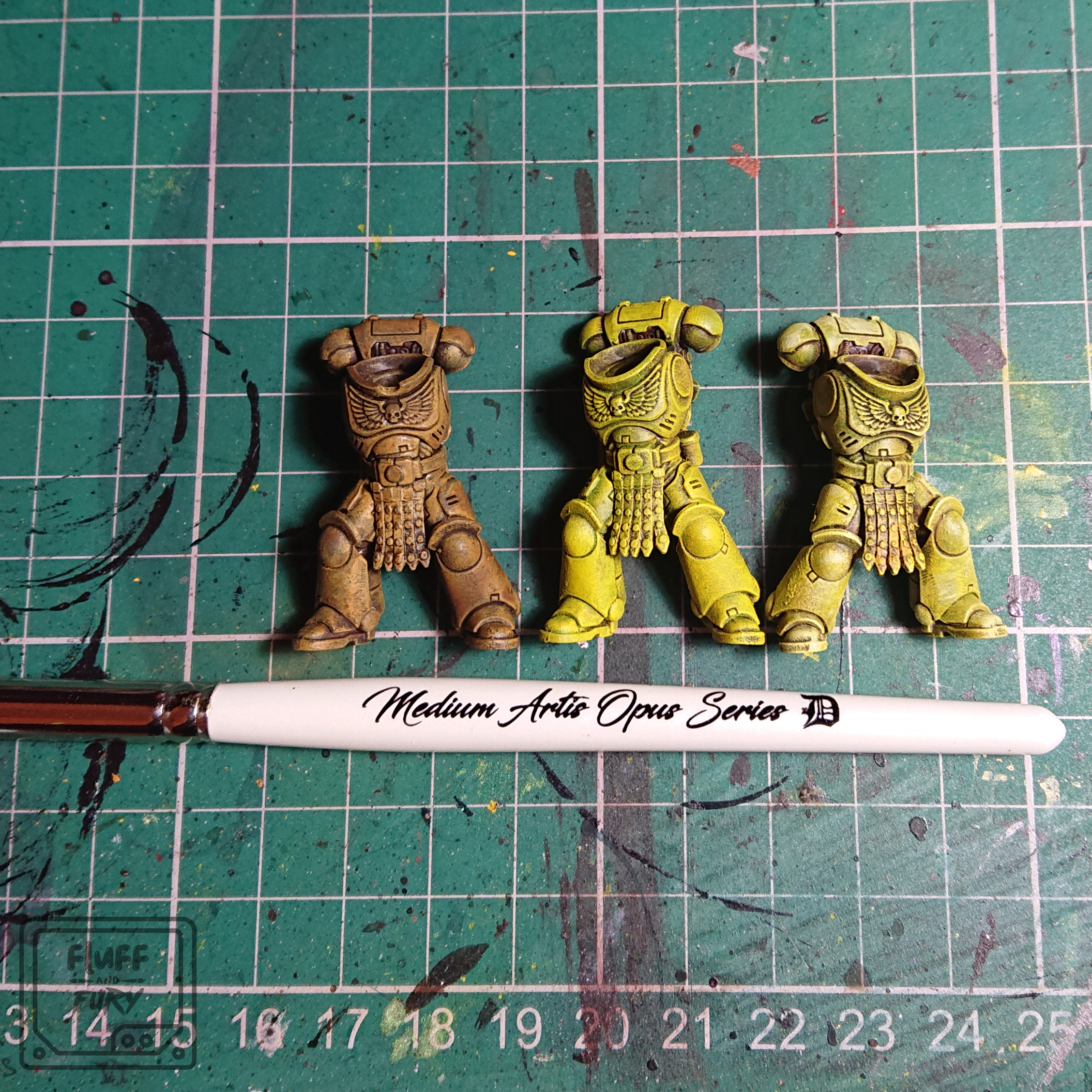 Fluff and Fury on X: People have asked how Fury's Imperial Fist yellow is  painted. Base coat Rhinox Hide, heavy drybrush Averland Sunset, wash Agrax  Earthshade (left), heavy drybrush of Flash Gitz