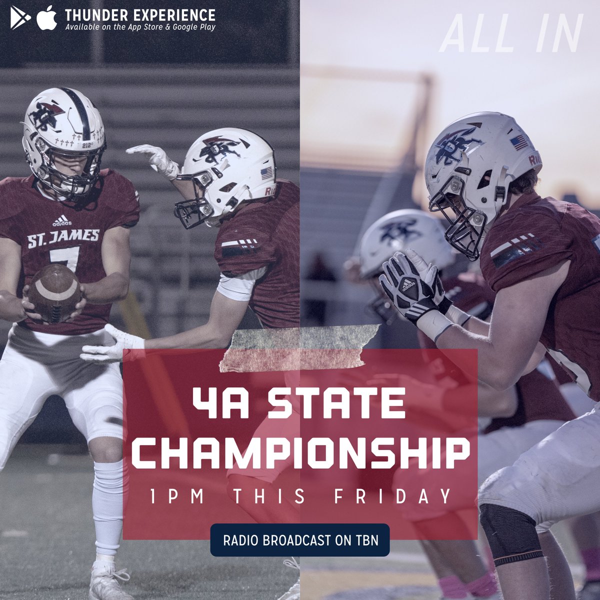 Only 2 days until <a href="/SJAFOOTBALL/">St. James Football</a> takes the field against Arkansas City in the 4A State Championship!

A radio broadcast will be available on <a href="/SJA_TBN/">Thunder Broadcasting Network (TBN)</a>.

Live updates will be sent out through the Thunder Experience App (Download here >> st-james-thunder.app.link/launch)
