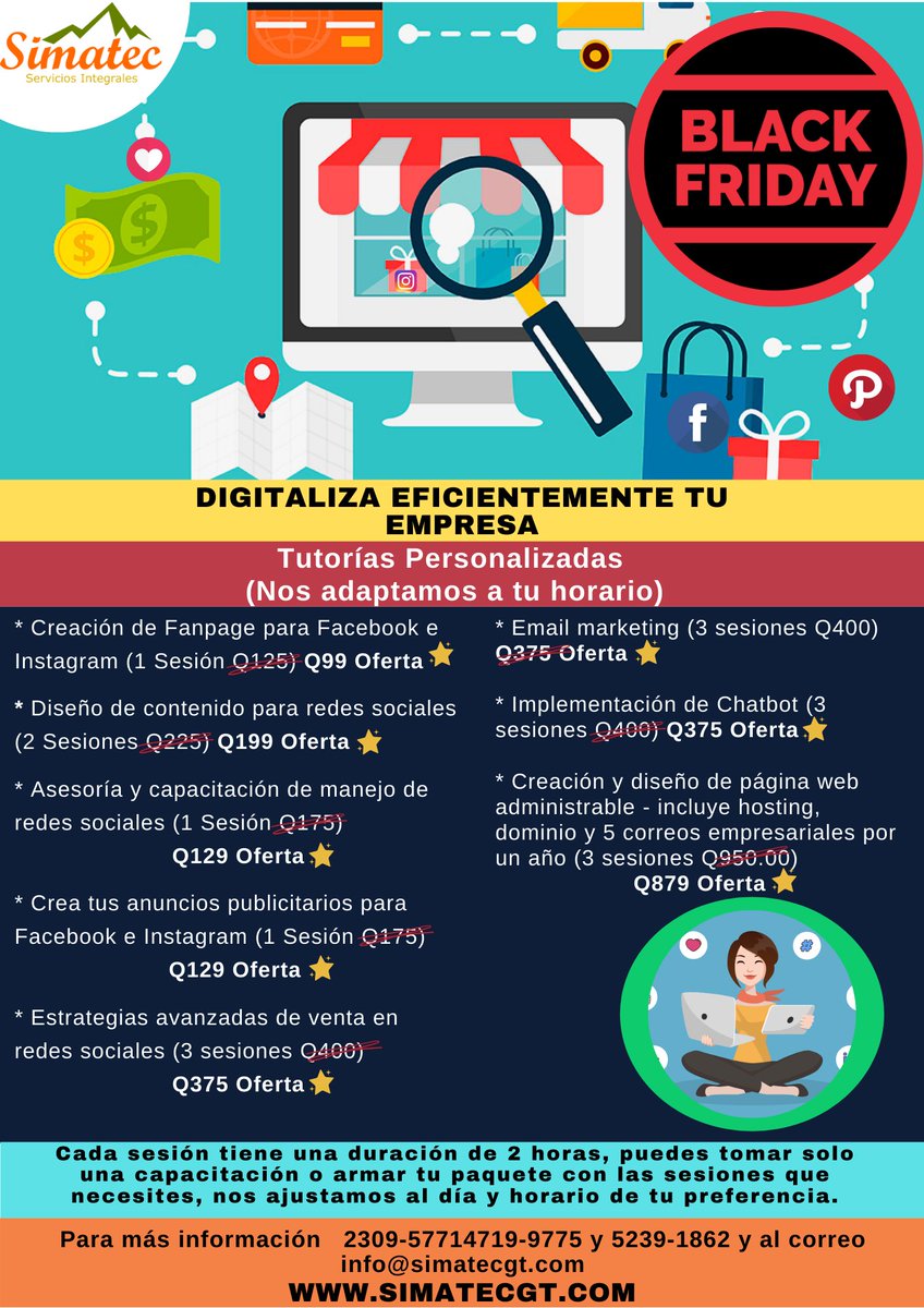 simatecgt's tweet photo. Super Oferta de Black Friday
Tutorías Personalizadas de Marketing y Estrategia Digital
Contáctanos e Indica cual es la tutoría de tu interés https://t.co/T3JgiZ7MMy https://t.co/ozWBoej6UG