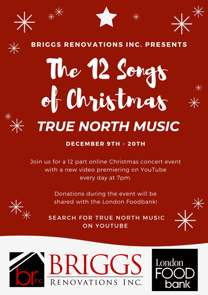 CHRISTMAS GIG ALERT! The 12 Songs of Christmas - 100% FREE - DEC. 9TH - 20TH. Presented briggsrenovations.com Donations received during the event will be shared with London Food Bank! #Christmas2020 #christmasmusic #londonfoodbank #CovidChristmas #covidmusic #holidays #TNMBand