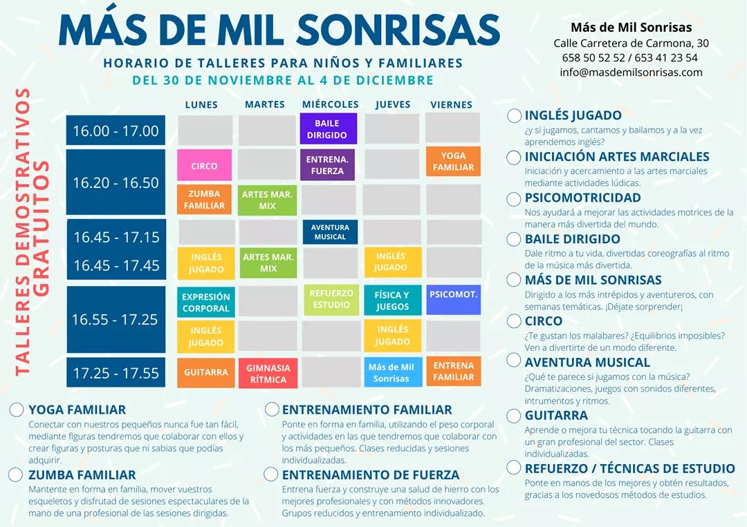 masdmilsonrisas's tweet photo. 📢 Disfruta de nuestros talleres de forma gratuita. Del 26 de Noviembre a 4 de Diciembre realizaremos demostraciones gratuitas de todos los talleres. ¡Apúntate ya! #MásDeMilSonrisas #Talleres https://t.co/wRlwTL61BG