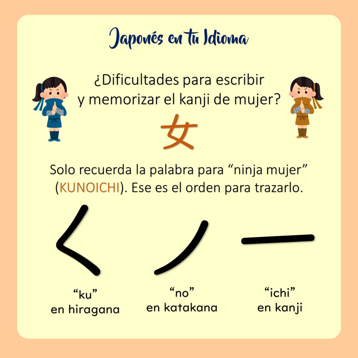 Hoy aprendimos el kanji: 女 (𝑚𝑢𝑗𝑒𝑟)
Aquí un consejo para recordarlo y trazarlo.
#jlpt #jlptn5 #noken #nokenkanji #kanji #kanjiN5 #女