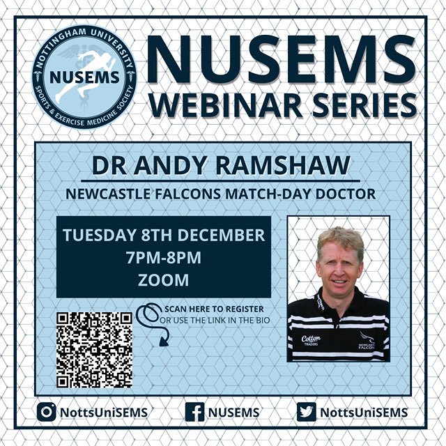 NottsUniSEMS's tweet photo. Q&amp;A WITH DR ANDY RAMSHAW

Nottingham University Sports and Exercise Medicine Society would like to invite you to join our first webinar of the academic year!

Live with Dr Andy Ramshaw
Tuesday 8 December 2020
19:00-20:00

Register for FREE using the link in the bio. https://t.co/OWSzDau2fP