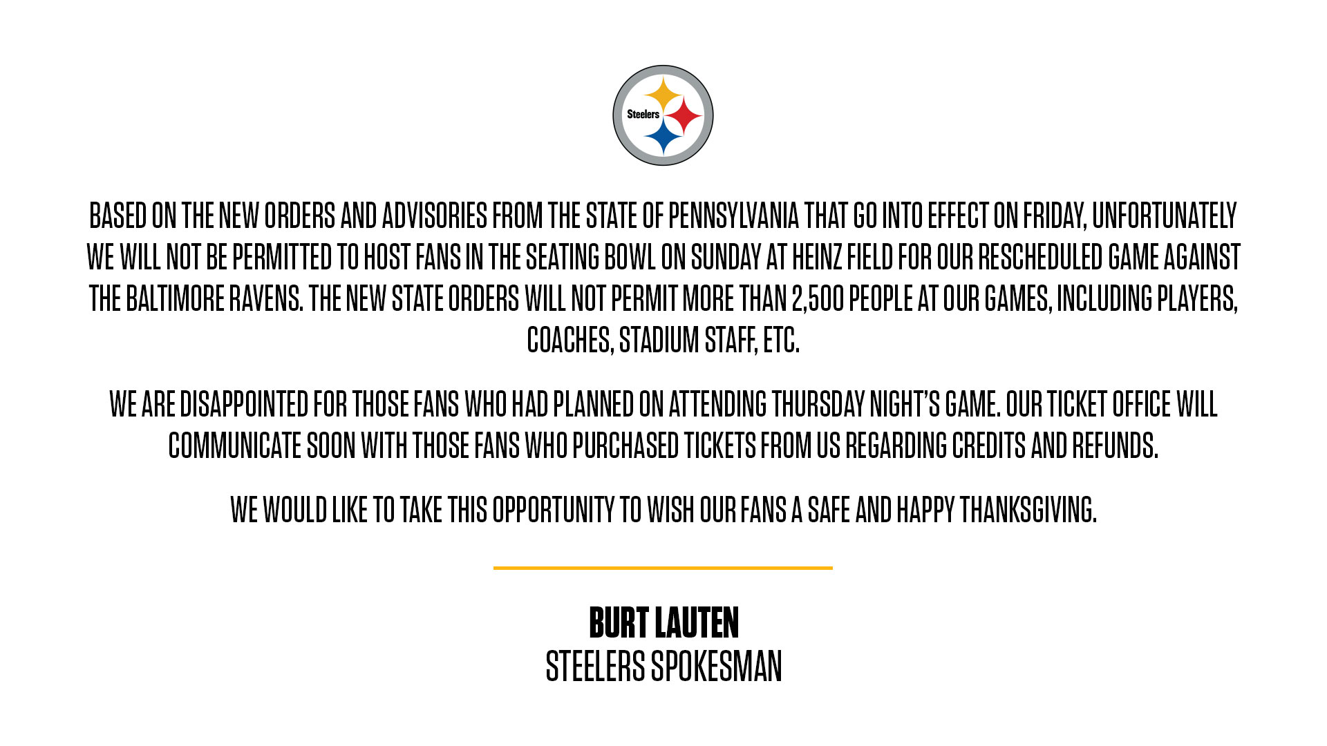 Pittsburgh Steelers on X: 'Statement from #Steelers Spokesman Burt Lauten:   / X