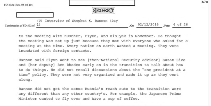 Steve Bannon told the FBI that after the 2016 election Michael Flynn sought out Obama's national security adviser Susan Rice and her deputy, Ben Rhodes, for advice “about how to do things.” 5/