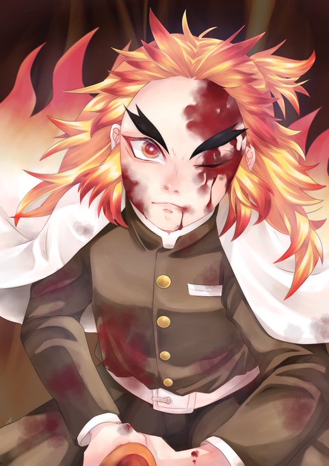 いろどり ぽんぬさんがTwitterに投稿した煉獄杏寿郎(鬼滅の刃)のイラスト。