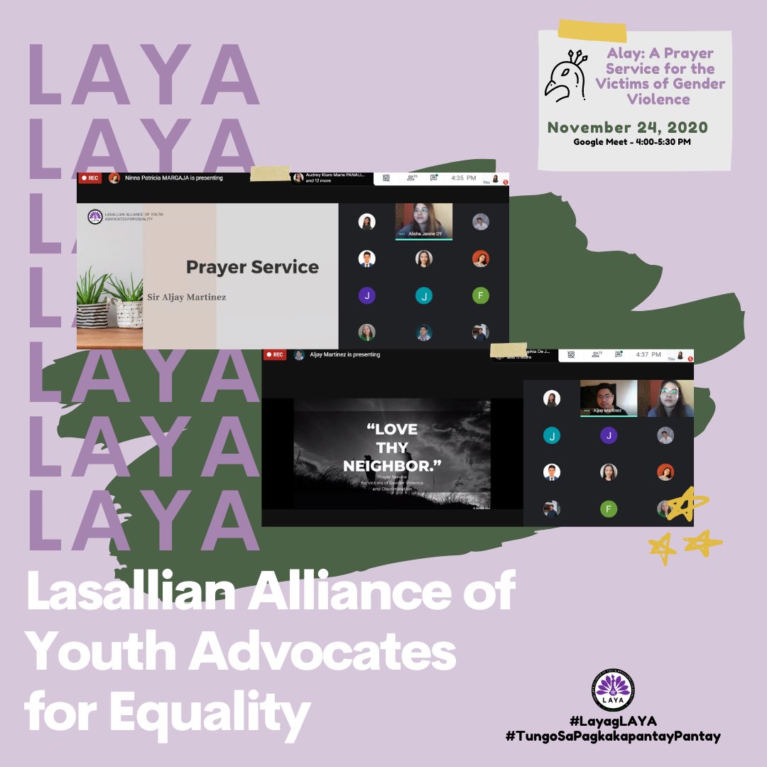 dlsl_laya's tweet photo. Last November 24, 2020, LAYA led an activity entitled ALAY: A Prayer Service for the Victims of Gender Violence.
#TungoSaPagkakapantayPantay
#LayagLAYA
#STOPGenderViolence
Layout Design by: Kamille Delos Reyes
Caption by: Bernadette Vallespin https://t.co/WtPnT6fBmh
