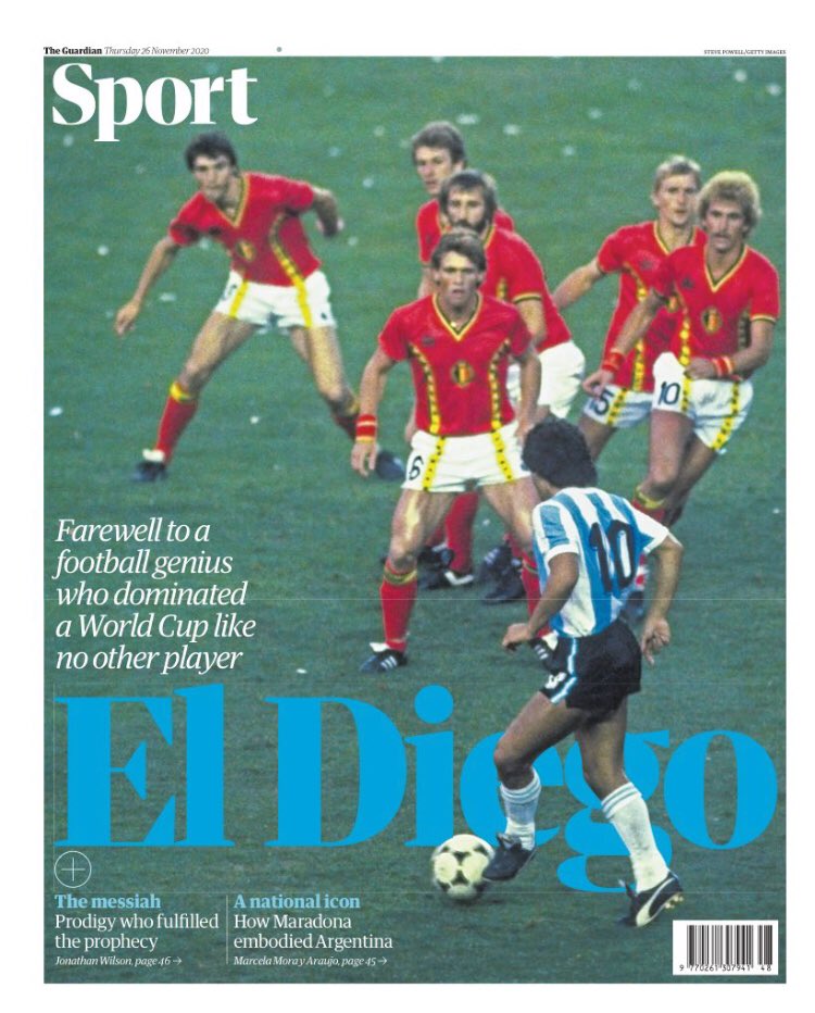 NickBryantNY's tweet photo. Lots of great back pages but I think the subs bench at The Guardian has given Maradona the best send off #diegomaradona https://t.co/2uNYIbVHET