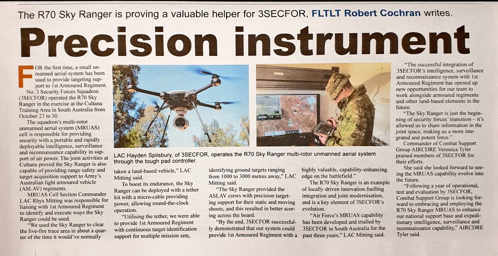keirinjoyce's tweet photo. We're #InTheNews with @AusAirForce News!
Great story of #3SECFOR providing @flir R70 #SkyRanger spt to @1_Armd_Regt!
@HLCAusArmy @comdforcomd @AustralianArmy @RAAF_ACAUST @Comd_1st_Bde https://t.co/UtnrWpAoiU