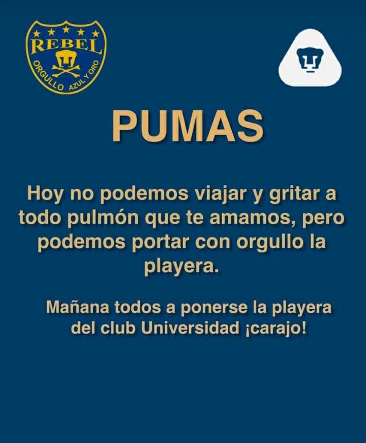 Pumas
"Hoy no podemos viajar y gritar a todo pulmón que te amamos..."
<a href="/PumasMX/">PUMAS</a>