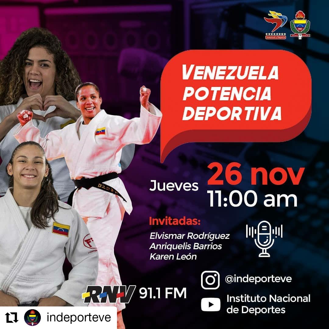 FVJudo's tweet photo. #Repost @indeporteve
🔴 🅴🅽 🆅🅸🆅🅾 🔴 por nuestro #instagranlive más el canal de #Youtube Instituto Nacional de Deportes a partir de las 11:00am.
Invitadas Elvismar, Anrriquelis y Karen ¡Suscribete y activa la campanita para interactuar con nuestras judokas! #JudoVenezolano https://t.co/LpPm8fnSXh