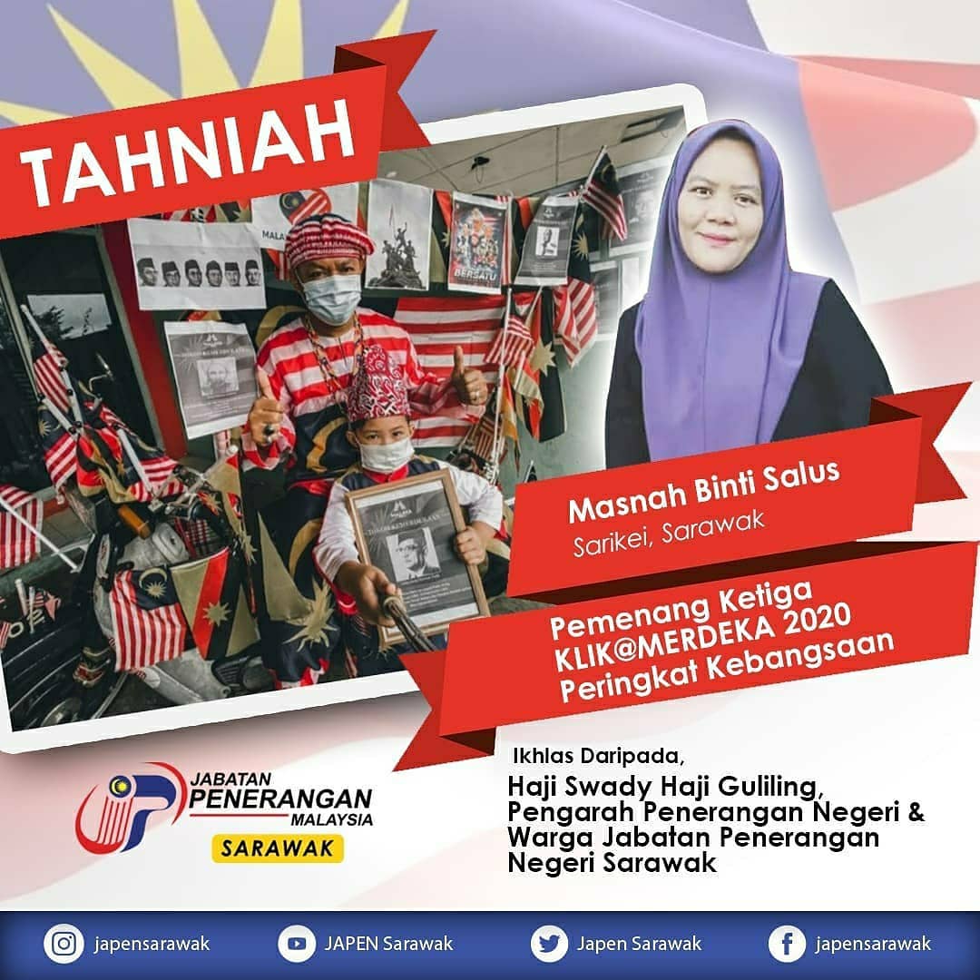 JapenSarawak's tweet photo. Tahniah diucapkan kepada Puan Masnah binti Salus (Sarikei) Pemenang Tempat Ketiga Klik@Merdeka 2020 Peringkat Kebangsaan.
#MerdekaMoment
#MomenNegaraku
#MalaysiaPrihatin
#khabardariSarawak
#sodiakroks https://t.co/czGRvxrHtl