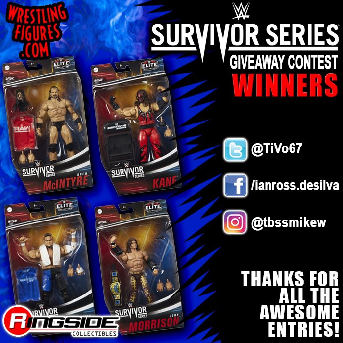 RingsideC's tweet photo. #SurvivorSeries Giveaway Contest WINNERS!
Prize is a complete set of #Mattel #WWE #SurvivorSeries2020 Elites! Featuring #DrewMcIntyre #SamoaJoe #Kane & #JohnMorrison!
Congrats @TiVo67!
Shop this set now at https://t.co/S9VvLocRmp!
#ThankYouTaker #Undertaker30 #RSCUndertaker https://t.co/I6w0XrquFq