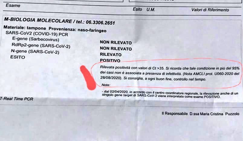 Fausto Baldanti, Jefe de la Unidad de Virología Molecular del Policlínico San Matteo de Pavía, resultados del estudio: “En 400 positivos con CT 30 solo 9 pudieron transmitir infecciones a cultivos celulares (2,3 %)."