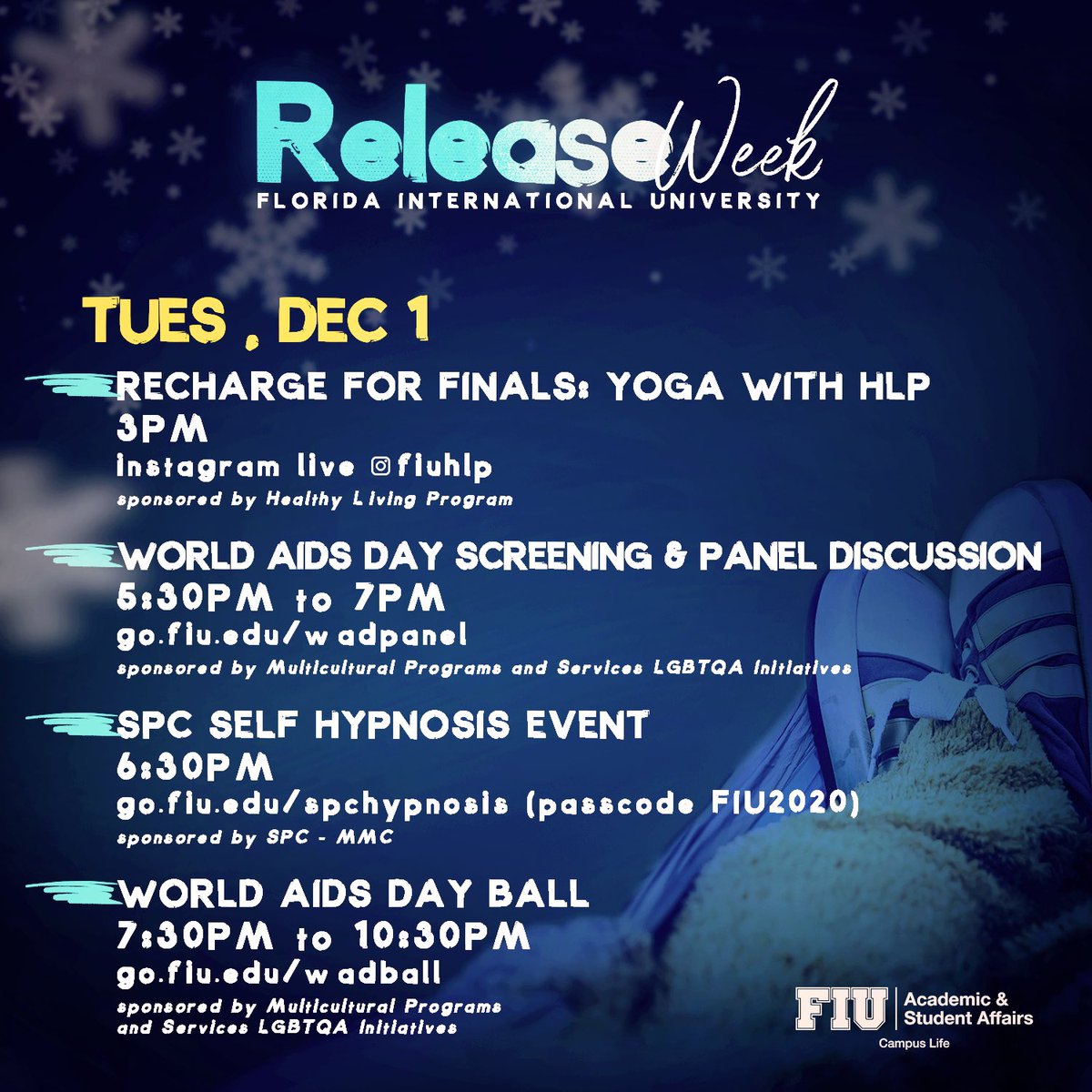 FIUCLS's tweet photo. Next week is Release Week! What’s Release Week? It’s a week to relax and study before finals. Check out everything in store from Monday, Nov. 30 to Friday, Dec. 4. 🐾 #FIU #PawsUp #FIU2020 #FIU2021 #FIU2022 #FIU2023 #FIU2024 #leadership #service #finals #finalsweek https://t.co/cSTsmEz7gF