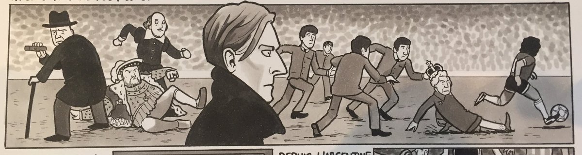 I’m not on cartoon duty until next week, but here’s something I drew a couple of years ago, depicting Maradona skipping through the entirety of English history to score his second goal.