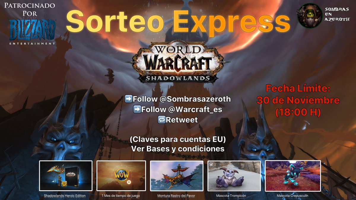sombrasazeroth's tweet photo. ‼️SORTEO EXPRESS‼️

¡Gracias a @Warcraft_ES, vamos a sortear regalos digitales!

Para participar:

➡️Follow @sombrasazeroth 
➡️Follow @Warcraft_ES 
➡️RT a este tweet

Termina el 30 de Noviembre (18:00 h)

Contenido y condiciones
⬇️⬇️⬇️

https://t.co/7yZaLHpWcR https://t.co/4djKOvCKq3