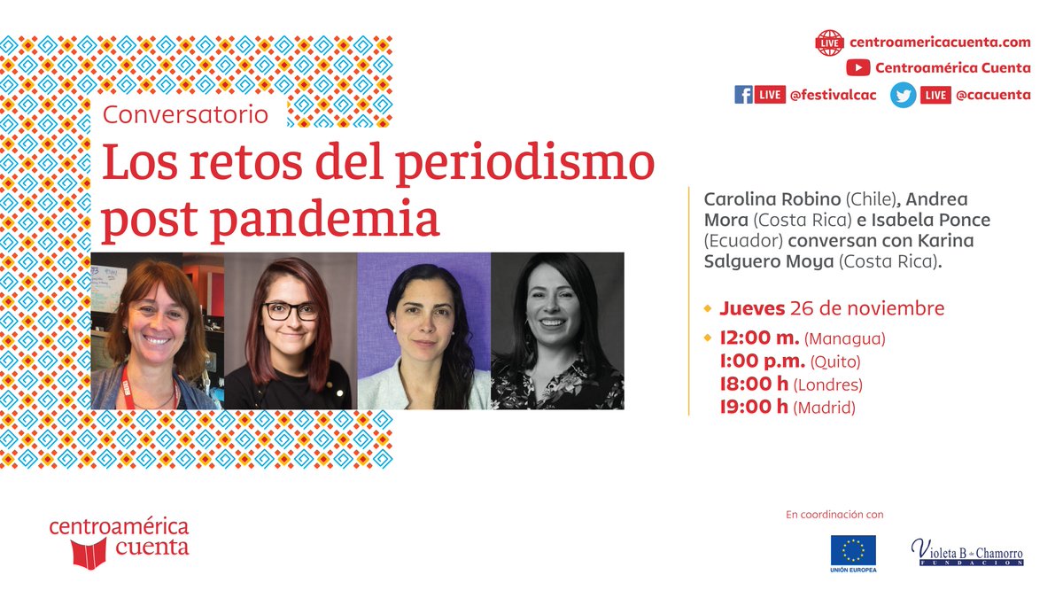 cacuenta's tweet photo. Mañana jueves 26 de noviembre Carolina Robino, directora de @bbcmundo; Andrea Mora, de @delfinocrc e Isabela Ponce, directora editorial de @GKecuador, conversan con Karina Salguero Moya @SalgueroMoya sobre los grandes retos del periodismo post pandemia #CAC20 https://t.co/U9qeyykvSB