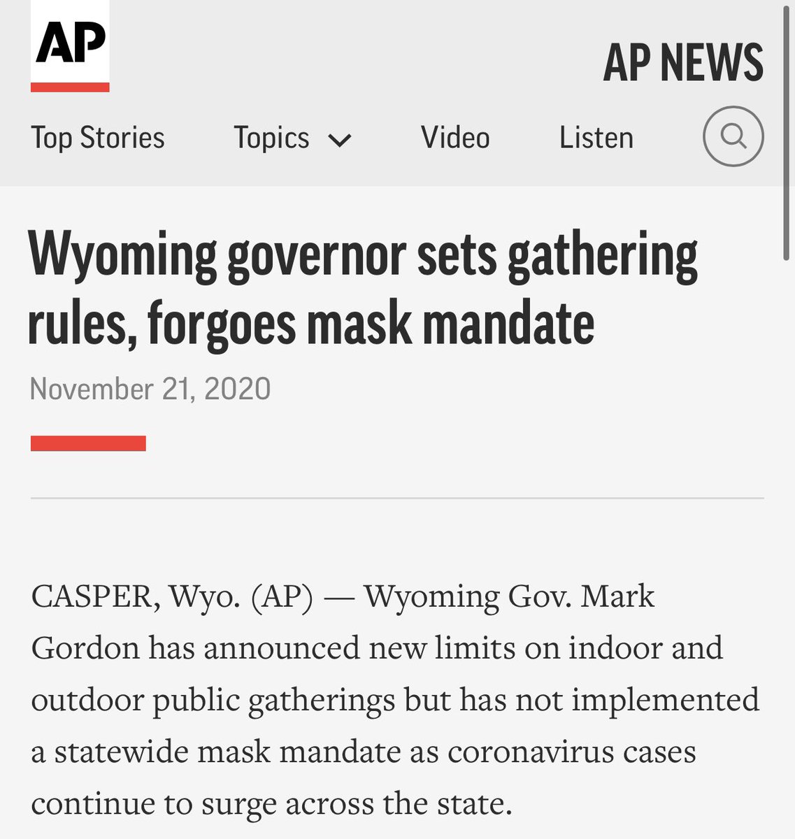 BREAKING—Wyoming Governor Mark Gordon tests positive for #COVID19. ➡️ 4 days ago: Same governor forgoes mask mandate. apnews.com/article/wyomin…