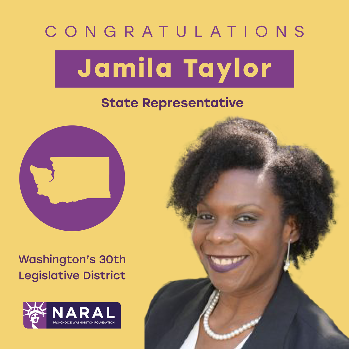 ProChoiceWA's tweet photo. Congratulations to Jamila Taylor on winning her race in the 30th LD! #ProgressiveLegislation #waelex https://t.co/aPLO5nnkmn