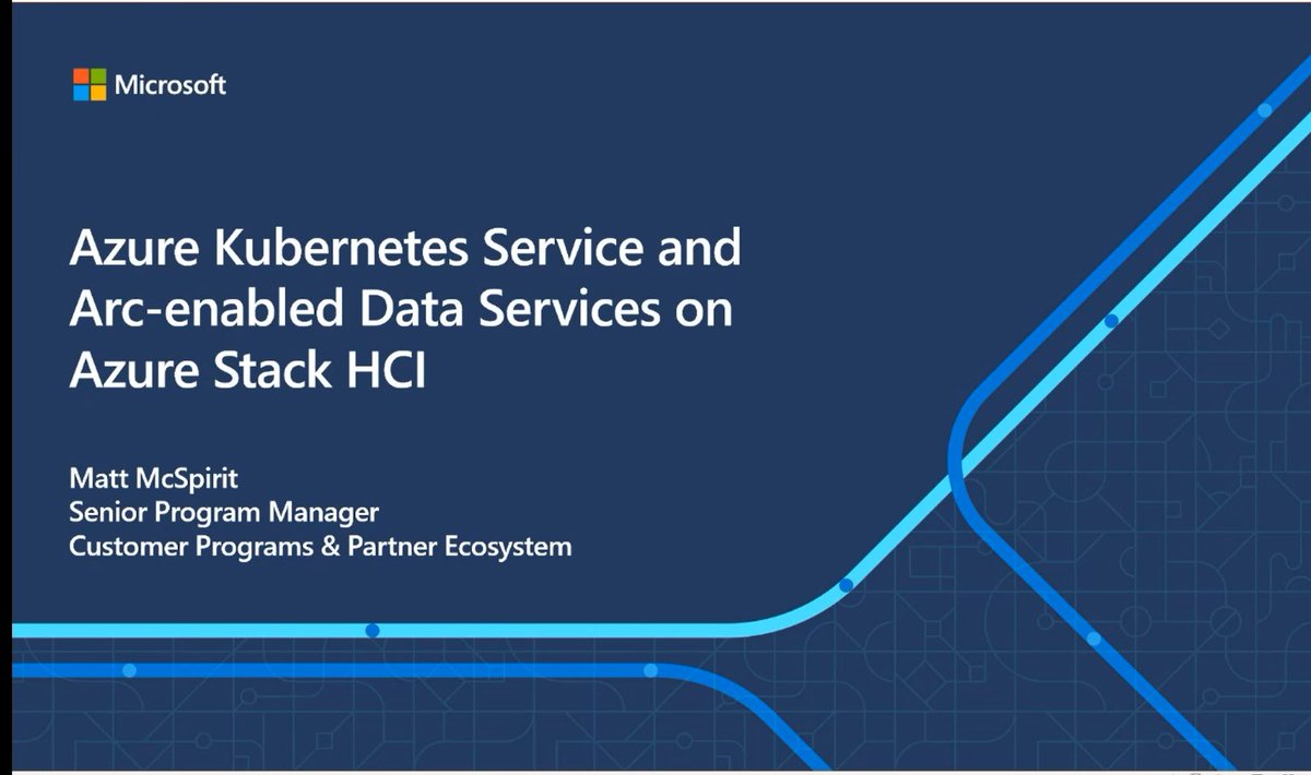 hypervserver's tweet photo. Next session of #AzureStackHCIDay is here: Matt McSpirit @mattmcspirit "Azure Kubernetes Service and Arc-enabled Data Services on Azure Stack HCI" https://t.co/F7gCXhtwSh #AzureStackHCI #MVPbuzz https://t.co/iydGsBQJWr