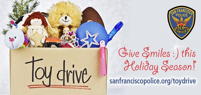 SFPD's tweet photo. Join us for our annual Toy Drive in partnership with @Walgreens! We will be accepting donations of new, unwrapped toys at over 54 San Francisco Walgreens locations beginning through Friday, December 18, 2020. ➡️ https://t.co/ow4ZOpq8Qa https://t.co/1JUgttUz7i