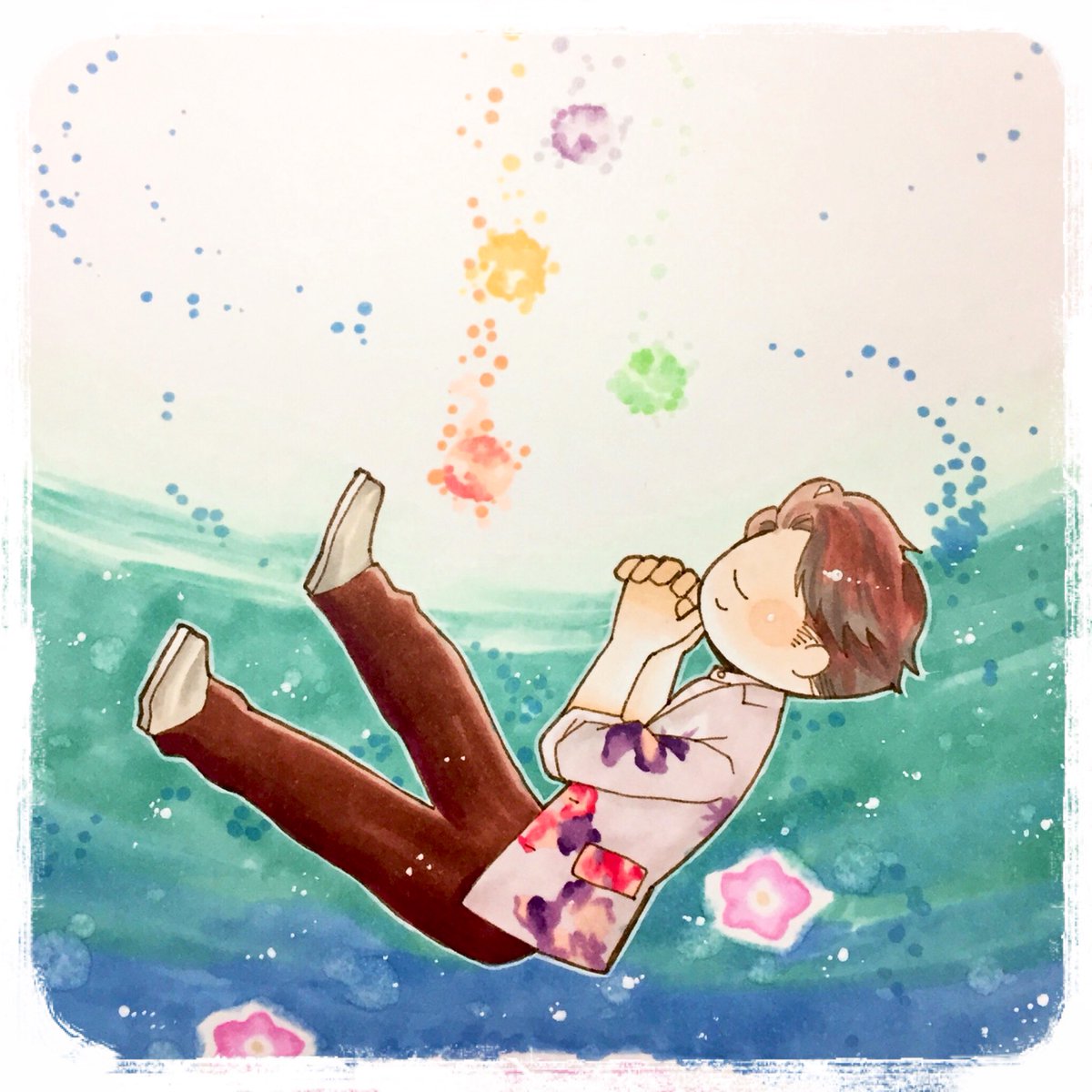 「塗りが上手くいかなくてキレたので
ボツになった誕生日絵

4色の幸せを祈りつつむ」|へいやのイラスト