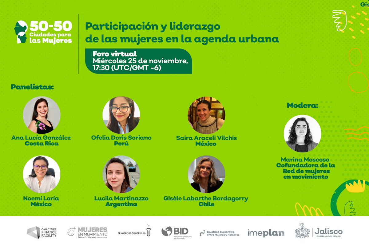 congreso50_50's tweet photo. En punto de las 17:30 h estaremos hablando con las #LideresasUrbanas sobre proyectos de la agenda urbana.

Participan: @AnaluciCR, @saira_vilchis, @noemiloriabote, @IngLMartinazzo, @giselelabarthe, @ofeliasorianor; modera: @marina_moscoso https://t.co/yO8wmNzmjC