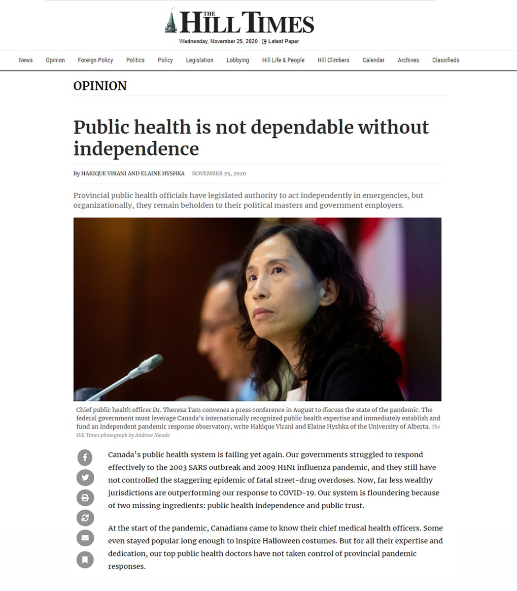 Why do some Canadian provinces have among the most ineffective pandemic responses in the world? Why do we keep failing in public health crises? @ehyshka and I wrote about the systemic lack of public health independence and how to right the ship mid-pandemic.(Thread)  https://twitter.com/TheHillTimes/status/1331686625722691589