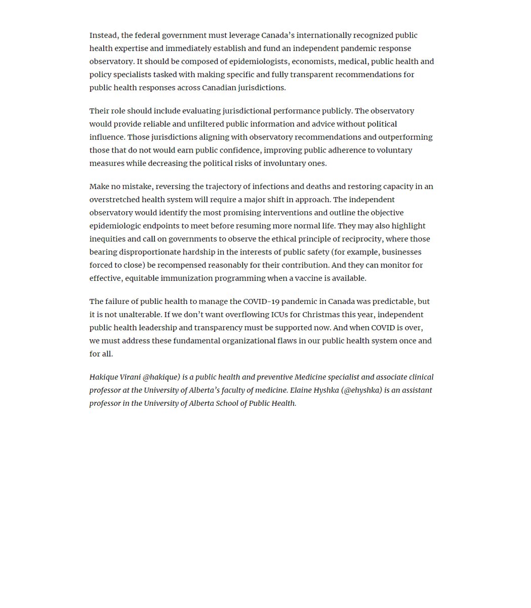 Why do some Canadian provinces have among the most ineffective pandemic responses in the world? Why do we keep failing in public health crises? @ehyshka and I wrote about the systemic lack of public health independence and how to right the ship mid-pandemic.(Thread)  https://twitter.com/TheHillTimes/status/1331686625722691589