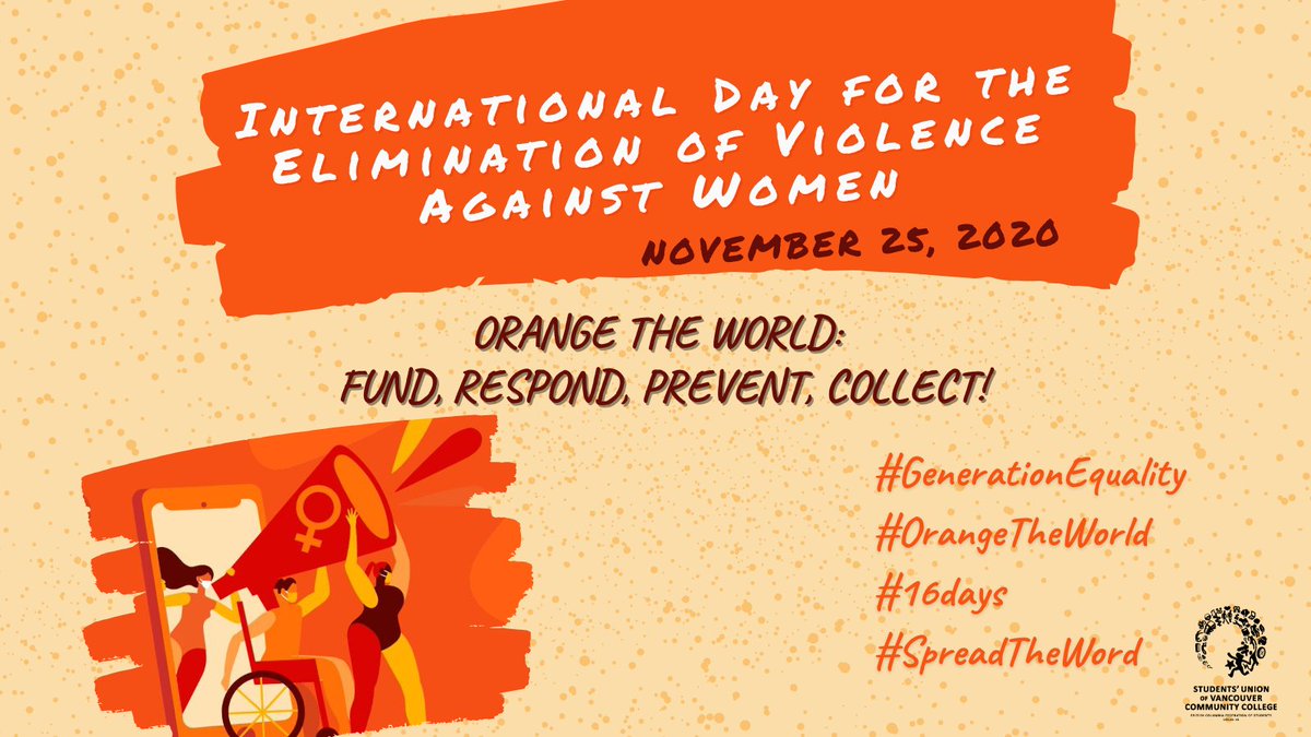 SUVCC's tweet photo. Today is International Day for the Elimination of Violence Against Women, it also marks the #16daysofactivism that raises awareness on ending gender-based violence. Together we can end it by learning more and spreading awareness. #16days #OrangeTheWorld https://t.co/7UekCHO7sV