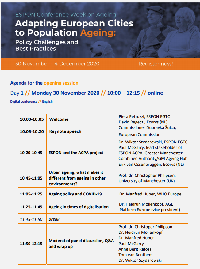 We start on Monday!! 
ESPON Conference Week on Ageing
Opening speech by <a href="/dubravkasuica/">Dubravka Šuica</a> 
30 November from 10:00-12:15 CET
Register today and find out more about the challenges European cities are facing due to population #ageing 
espon.eu/ageing