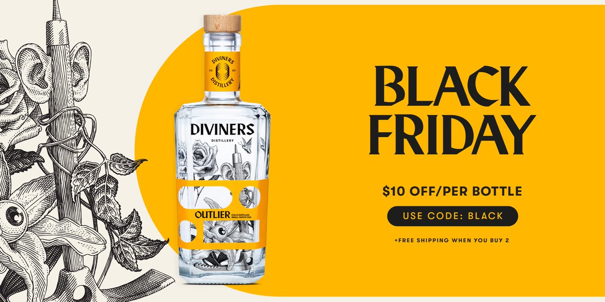 DivinersGin's tweet image. BLACK FRIDAY SALE: $10 off every bottle of Diviners Gin you buy + Free delivery on orders of two or more. Use code at checkout: BLACK

OUTLIER GIN is a zesty and wildly punchy bursts of flavour mingled with abundantly fresh Australian aromas make it the go-to nightlife gin.