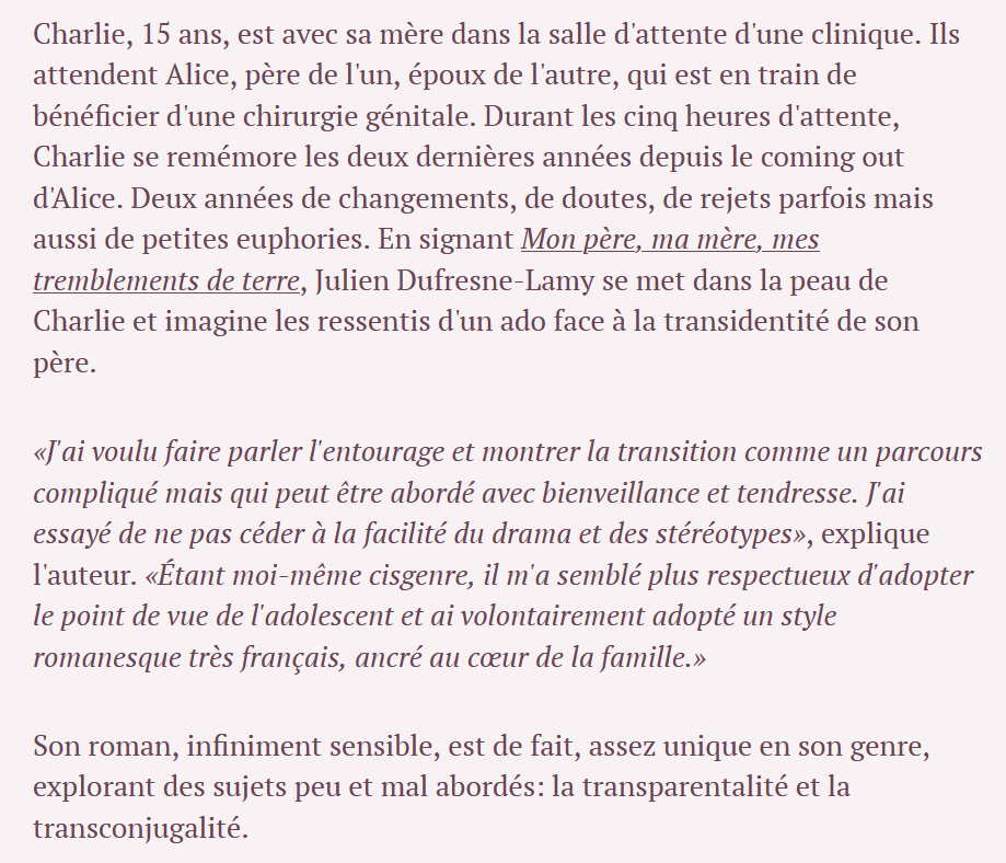 Woof,  @Slatefr je n'ai pas capté au premier abord mais votre pigiste cis grande alliée des trans cite quand-même dans son article un livre transphobe qui mègenre la personnage d'une femme trans et fait postulat qu'une femme trans devient une femme seulement après sa "chirurgie"