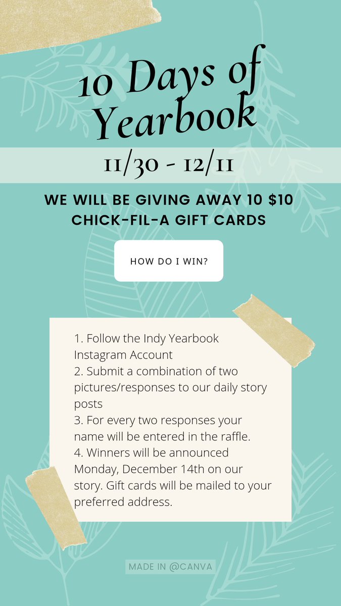 indy_yearbook's tweet photo. We will be having a 10 Days of Yearbook where we'll be giving away 10 $10 Chick-Fil-A gift cards! 
(P.S. The Indy Yearbook Instagram is @indy.yb) https://t.co/aBspuDr1Y9