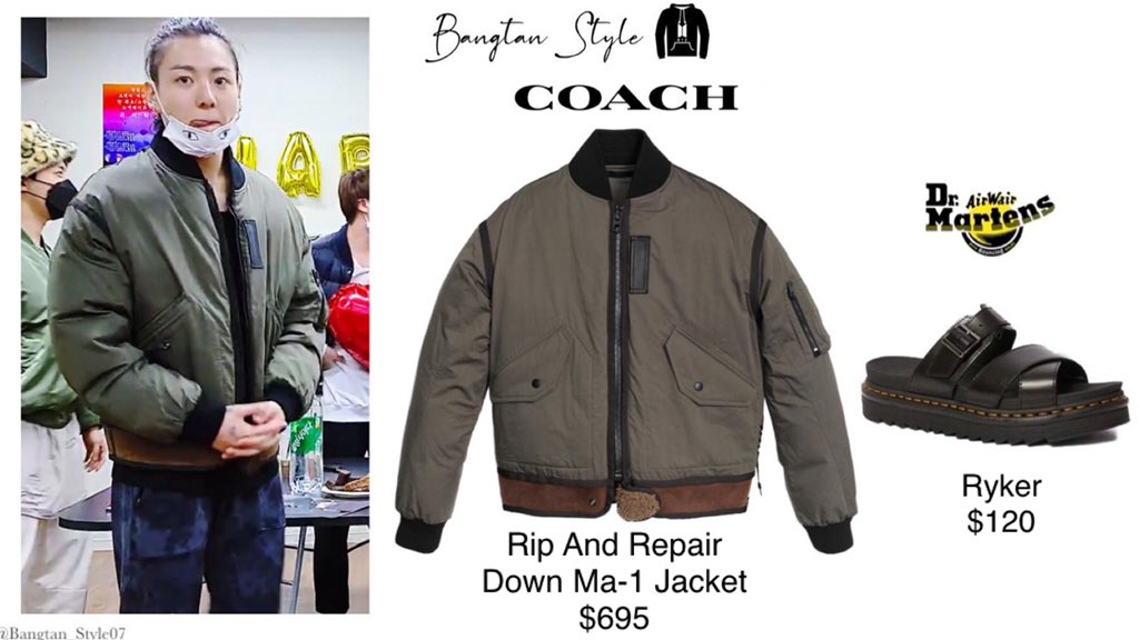 BTS VLIVE 201125 Jungkook wears COACH Rip & Repair Down Ma-1