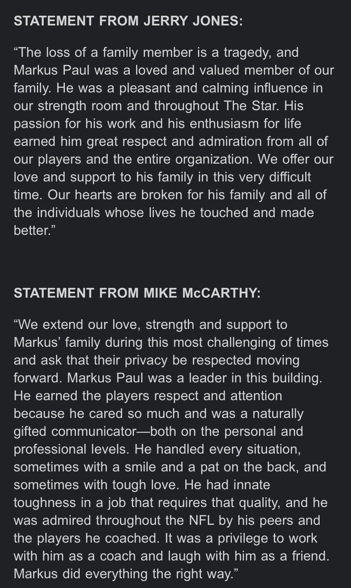 MikeGarafolo's tweet photo. RIP Markus Paul. A terrific coach and a wonderful man beloved by many of his current and former players. From the #Cowboys: https://t.co/Tt0i1XKIlf