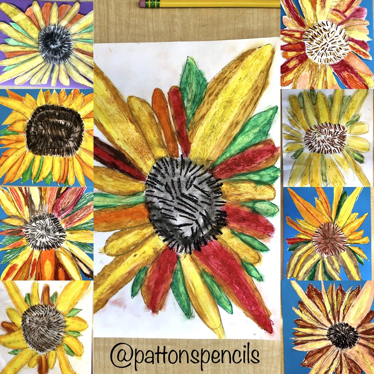 PattonsPencils's tweet photo. Love these VanGogh sunflowers 😍 I hope they brighten your day, too! #secondgradeart #oilpastelart #vangoghsunflowers #elementaryart https://t.co/8dplfhXr3h