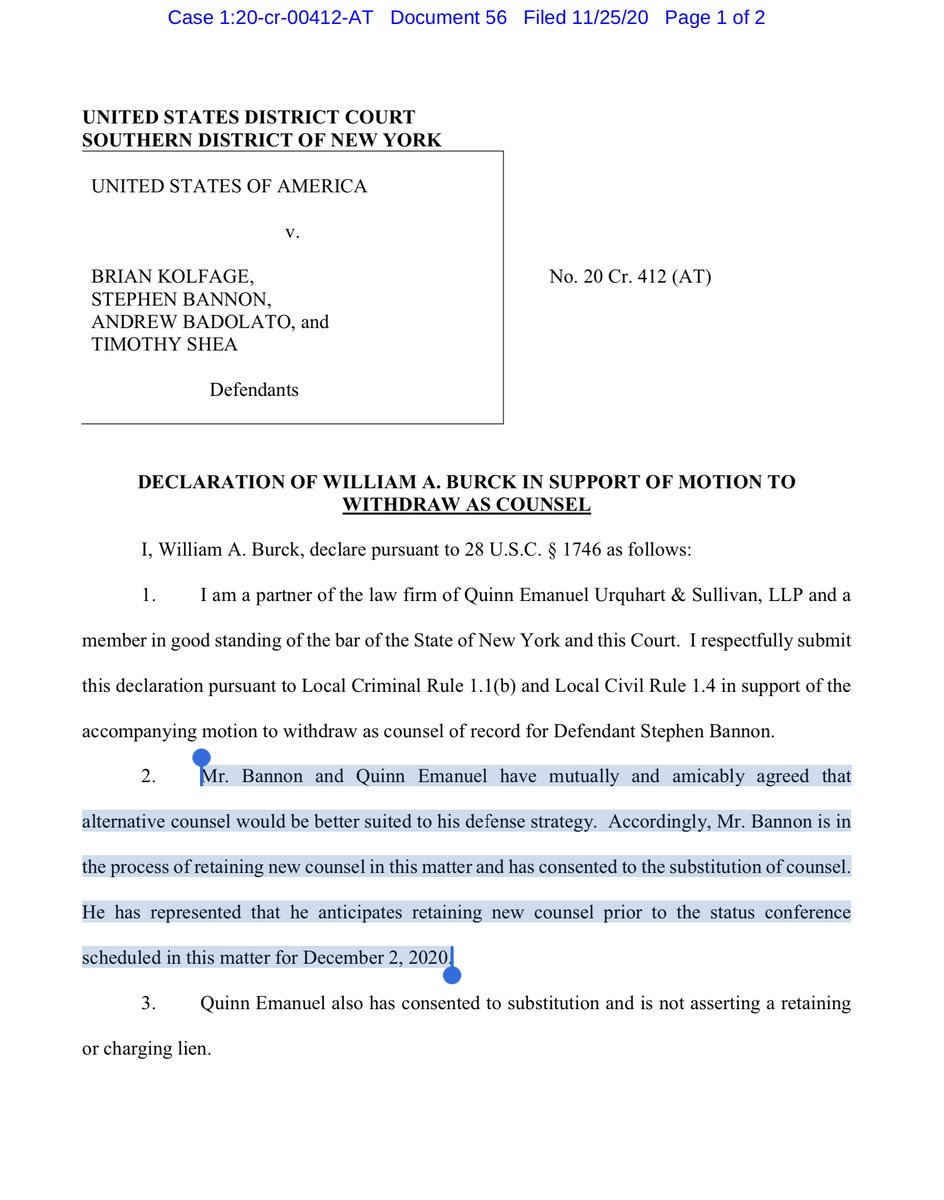 LOLS”.. have mutually and amicably agreed that alternative counsel would be better suited to his defense strategy... is in the process of retaining new counsel.. anticipates retaining new counsel prior to the status conference scheduled in this matter..” https://ecf.nysd.uscourts.gov/doc1/127128051303