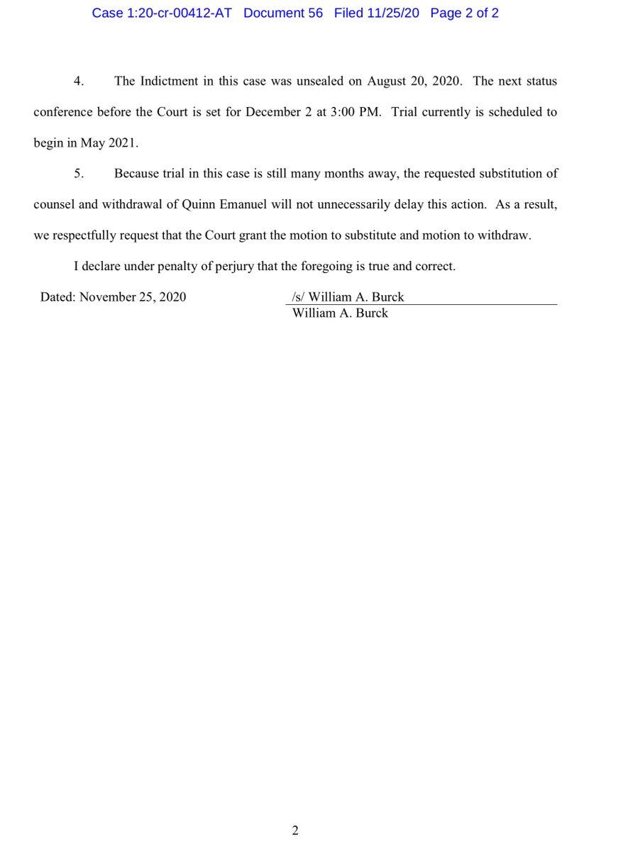 LOLS”.. have mutually and amicably agreed that alternative counsel would be better suited to his defense strategy... is in the process of retaining new counsel.. anticipates retaining new counsel prior to the status conference scheduled in this matter..” https://ecf.nysd.uscourts.gov/doc1/127128051303