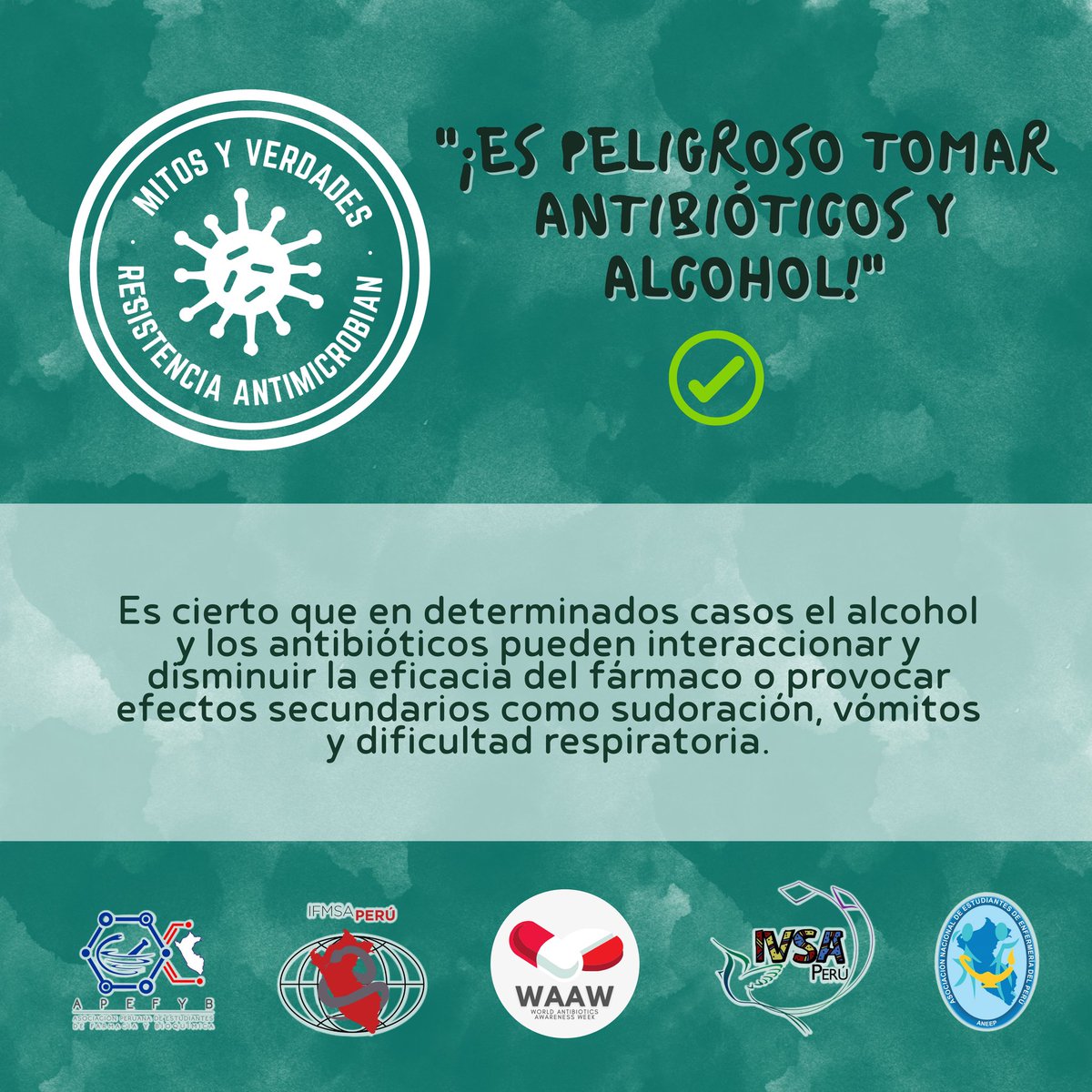 IFMSAPERU's tweet photo. ¿Conoces los mitos existentes sobre resistencia antomicrobiana?

Aquí les compartimos los mitos más frecuentes sobre la resistencia antimicrobiana👇🏻🧡

#WAAW 💊🌐
#IFMSAPERU https://t.co/aTUNUwsuzf