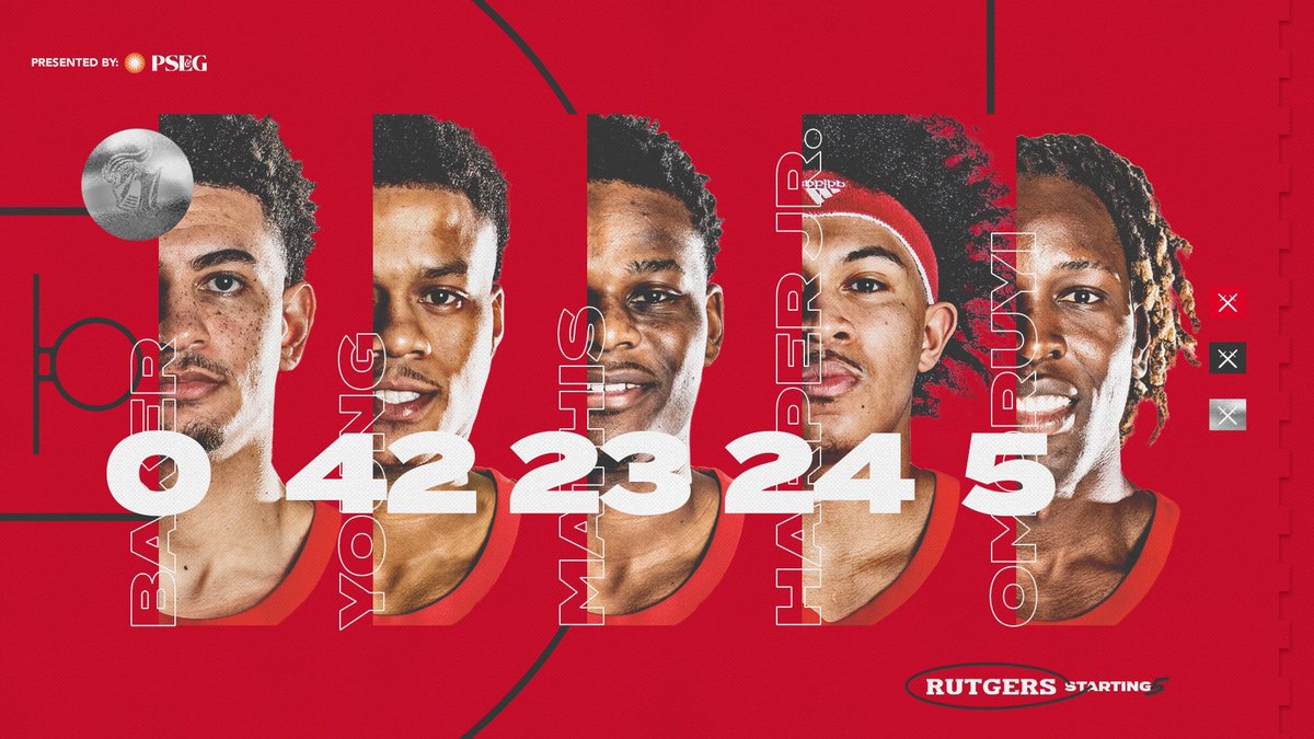 RutgersMBB's tweet photo. For the first time this season, let’s lock in that starting 5️⃣!  

Tonight's starting lineup for your Scarlet Knights.... Powered by @PSEGdelivers

🛡⚔️ #GardenStatement https://t.co/JylUdysaqA