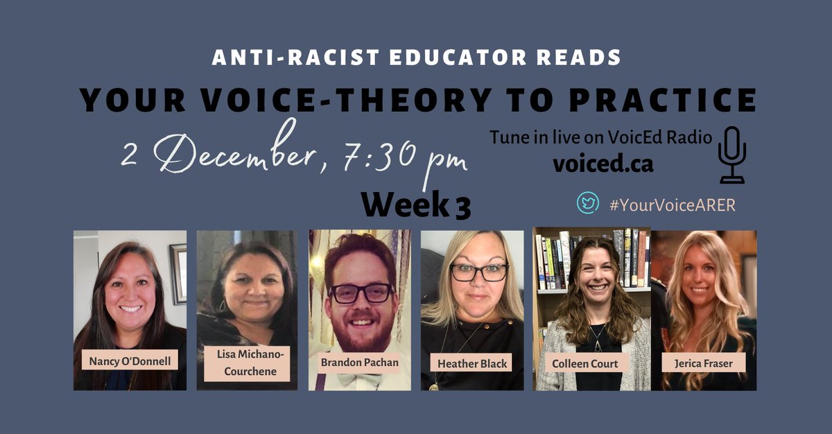 Next week #YourVoiceARER, the panel will be talking about the power of partnerships in actioning anti-racist and decolonizing practices. Join us 2 December with <a href="/JericaFraser/">Jerica Fraser</a> @colleencourt <a href="/NancyPODonnell2/">Nancy</a> <a href="/BrandonPachan/">Brandon Pachan</a> <a href="/heath_black917/">Heather Black</a> &amp; Lisa Michano-Courchene
