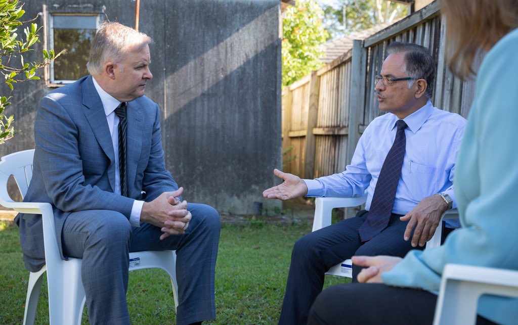 AlboMP's tweet photo. More than 30,000 Australians stranded overseas – and their families back home – have been failed by Scott Morrison.

Today, @JulieOwensMP and I met with Vik. His wife Sudha has been stuck in India since March with no way to get home to Australia.

1/2 https://t.co/8RkT1ZuDtL